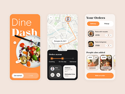DineDash. Food Delivery App app app design branding courier delivery design dish food food delivery interaction logo mobile app order restaurant tracking ui ux