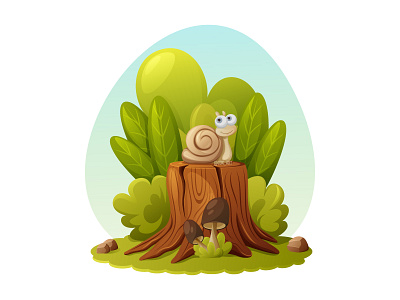 A cartoon snail sits on a stump surrounded by bushes and plants book children composition forest illustration nature snail stump summer vecto wildlife