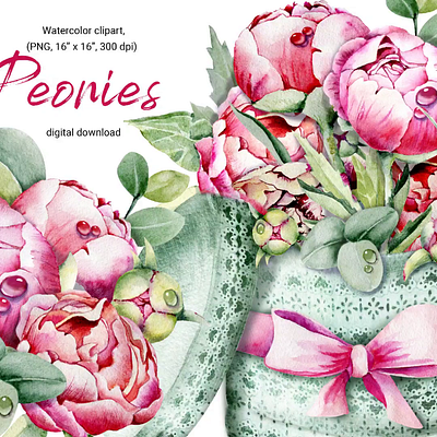 Pink peonies, watercolor flowers lace wedding акврель бант бесшовные узоры букет бутон зелень коробка пион розовый узор упаковка фон цветок цифровая бумага эвкалипт