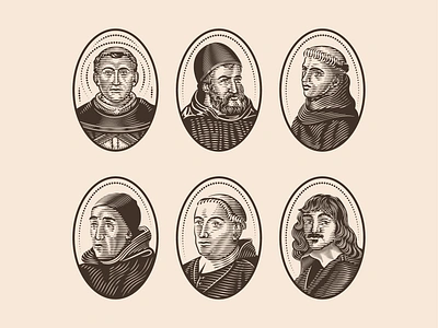 Philosopher Portraits (Engraving) badge bible book branding catholic engraving etching illustration logo peter voth design portrait vector woodcut