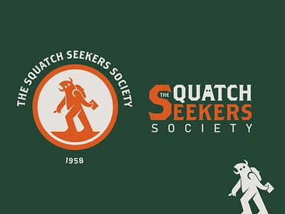 The Squatch Seekers Society big camping club cryptic cryptid foot green hiking hunter logo mark monster orange patch school seeker society squatch trails word