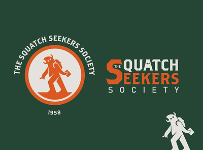 The Squatch Seekers Society big camping club cryptic cryptid foot green hiking hunter logo mark monster orange patch school seeker society squatch trails word
