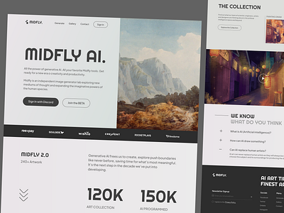 Midfly AI Art Gallery ai art art gallery artificial artist birds branding gallery generator image intelligence landing page machine midjourney museum photo generate robot ui design uiux user interface website