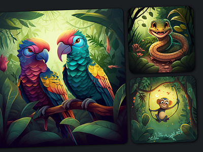 Children's book illustrations of animals from the jungle art branding children book graphic design illustration jungle monkey parrot snake