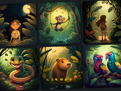 Children's book illustrations of animals from the jungle book cover branding capybara children book illustration jungle luna monkey parrot snake