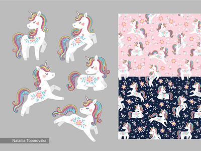 Cute white unicorns with rainbow mane, tail and flower pattern cartoon cartoon character fabric fairy graphic design illustration pattern rainbow seamless unicorn vector