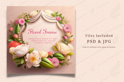 Square Floral Frame on Beige Background with Pink Blossoms abstract attractive background design elegant floral floral frame floral invitation illustration minimal modern paper cut pink blossom realistic save the date spring frame square frame template