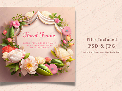 Square Floral Frame on Beige Background with Pink Blossoms abstract attractive background design elegant floral floral frame floral invitation illustration minimal modern paper cut pink blossom realistic save the date spring frame square frame template