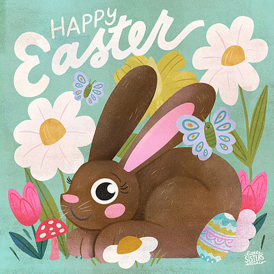 Easter Bunny bunny children daisy easter egg floral flower holiday illustration spring tulips