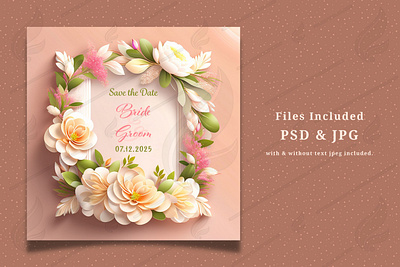 Realistic Floral Frame Wedding Card | Square Floral Frame abstract attractive design floral frame florals greeting card illustration invitation card minimal modern photoshop template template vintage background wedding card