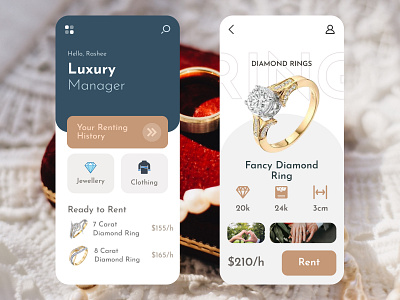 Jewellery Rental Mobile UI Design 3d animation branding design designer figma google graphic design illustration jewellery ui design jewels ui design logo motion graphics ui uiux design vector