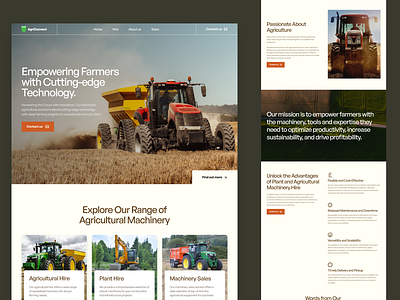 AggriConnect - Agriculture and farming agriculture countryside ecommerce farm farming fields green hire machine machinery minimal rural sustainable tractor ui webdesign