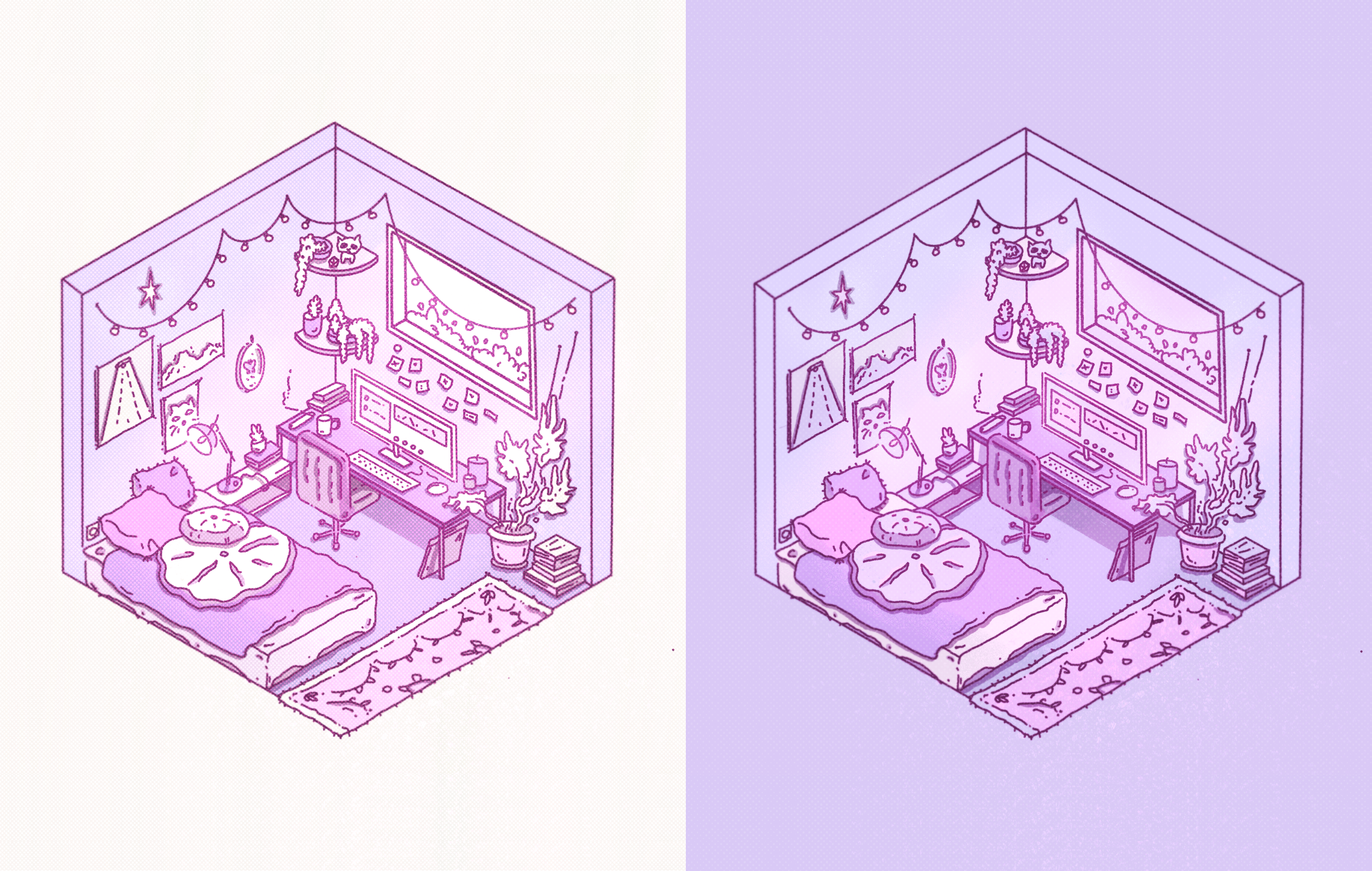Isometric Room | Kawaii Illustration atmosphere cute design graphic design illustration isometric lighting magic pink purple room