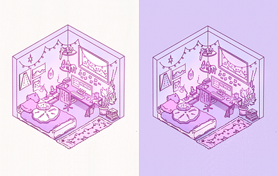 Isometric Room | Kawaii Illustration atmosphere cute design graphic design illustration isometric lighting magic pink purple room