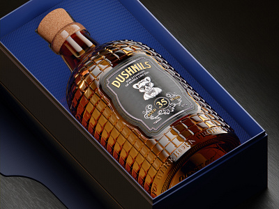 Dushnils 35 3d blender bottle box branding glass illustration logo render web whisky