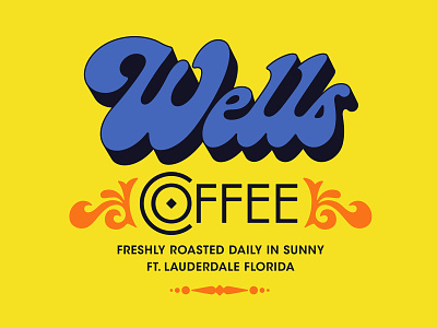 Wells Coffee 60s 70s badge branding coffee florida groovy illustration logo modern script typography