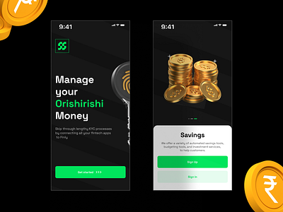 Fintech Onboarding screens app dark mode design fintech green illustration mobile ui uiux ux