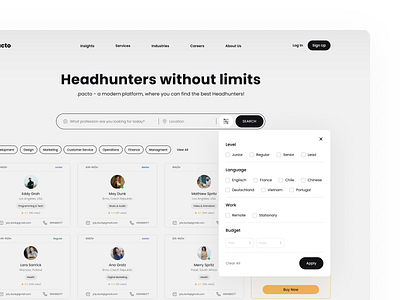 Modal filter for a portal headhunters consulting edit filter graphic design headhunters information architecture job search layout modal navigation portal profile recruitment responsive design search services settings user interface web web design