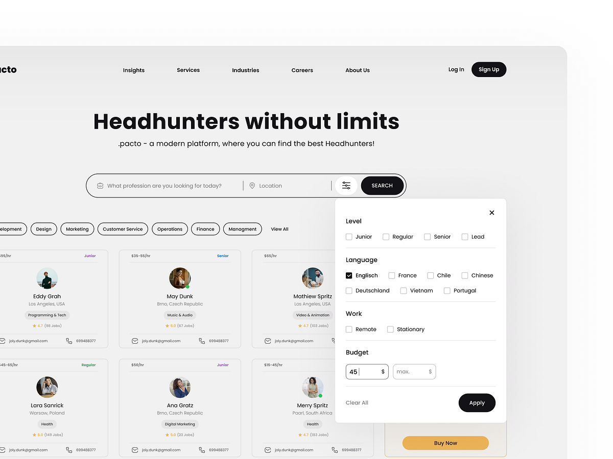 Modal filter for a portal headhunters by Artur Kohut on Dribbble