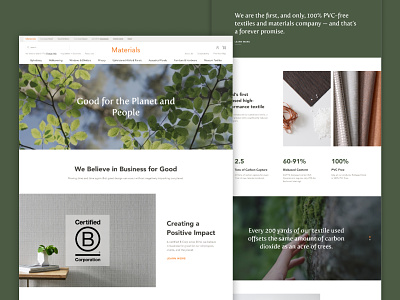 Sustainability Page fabric impact manufacturer materials menu nature planet stats sustainability textile ui ux