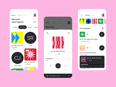 Podcast app UI app color colorful design fun geometric illustration interface layout list listen music podcast sound ui ux