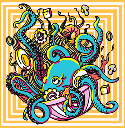 This Dinner Sucks digital food illustration nautical neon noodles octopus pink pro ramen
