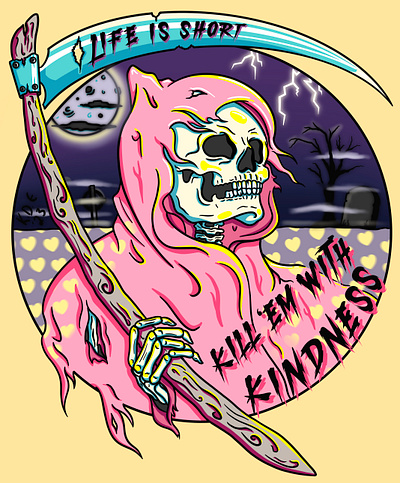 Kill ‘Em With Kindness V2 cemetery death digital grim reaper pastel pink reaper tattoo