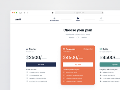 Carril: Pricing screen dashboard onboarding plans pricing product design saas ui ux