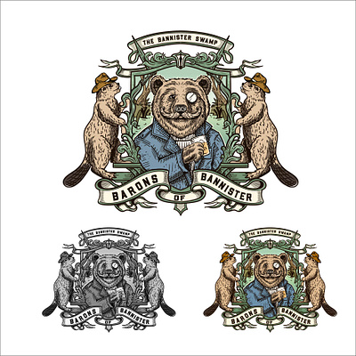 Swamp Gentleman bear coat of arm with two beaver bear bourbon coat of arm design gentleman illustration label logo scotch whiskey