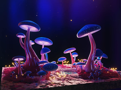 Mushroom world for XR 3d alive animation branding burial c4d dark flued glasses graphic design illustration lake magic mistery motion motion graphics mushrooms neon world
