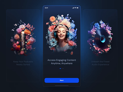 Onboarding podcast app 3d illustration animation app design audio app onboarding audio illustration flower illustration onboarding