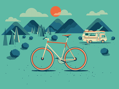 Bicycle in the forest bicycle illustration branding camping car illustration cloud cloud illustration graphic design illustration mountain illustration mountains poster design sun sun illustration typography vector