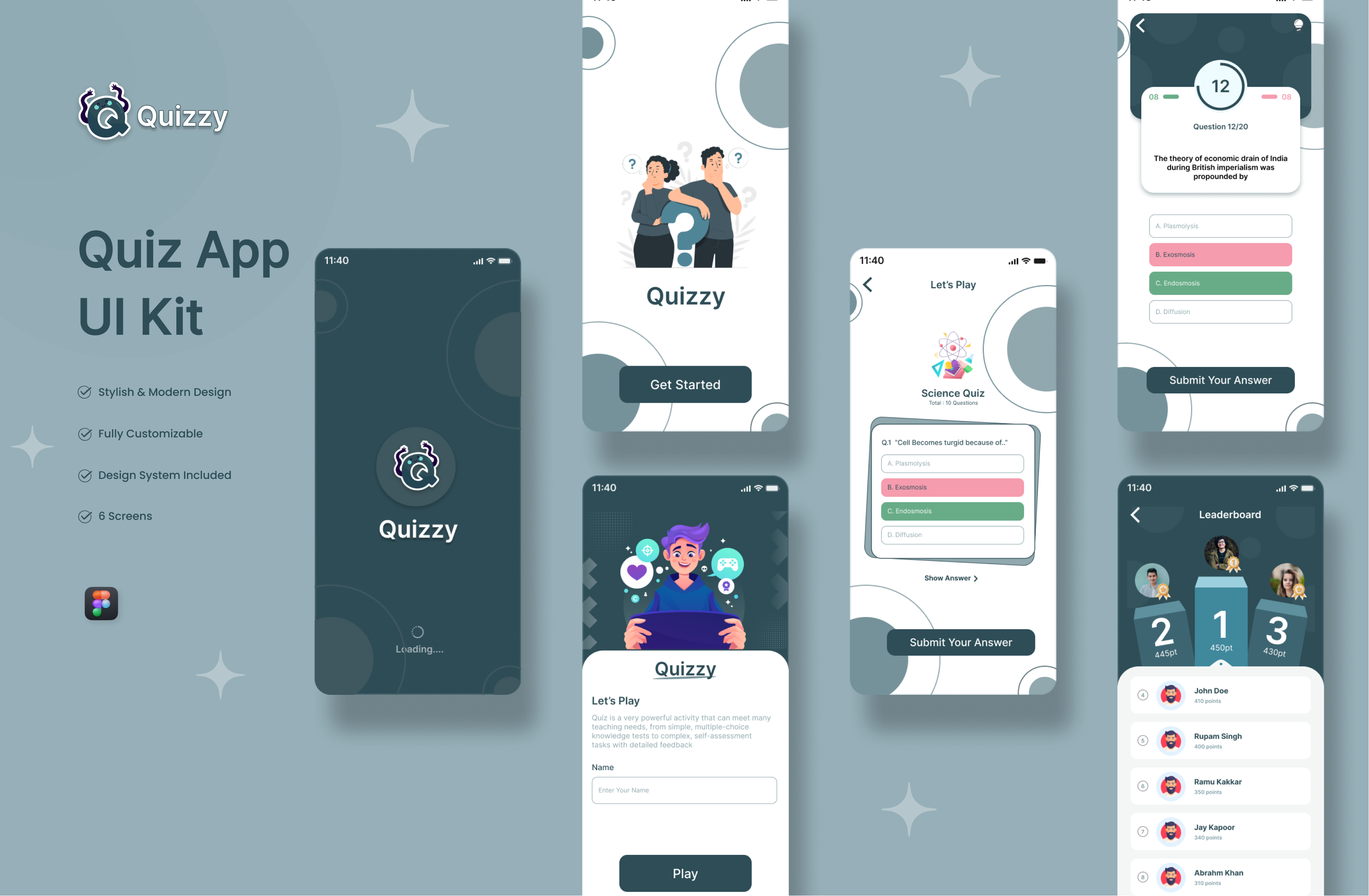 Quiz App UI Kit e learning application education app figma game app mobile app online learning app quiz app quiz ui ui design uiux