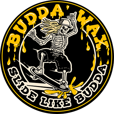 BUDDA' WAX - This is a skateboard wax brand. logo designs branding graphic design illustration label logo retro skateboard skater skeleton skull vintage