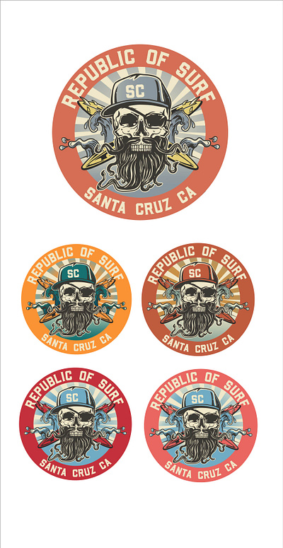 Republic of Surf, Santa Cruz CA. Badge and logo designs beach logo outdoor retro skeleton skull summer surf surfing wave