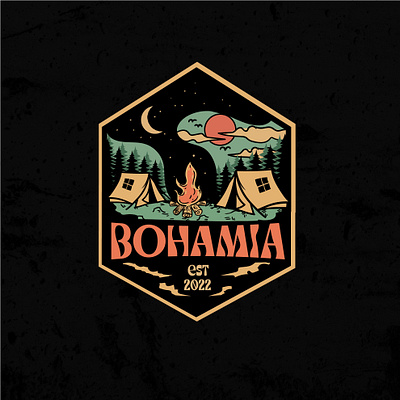 Bohamia camp ground badge logo design badge camp campground camping day and night illustration logo magical mountain mountains outdoor star vintage