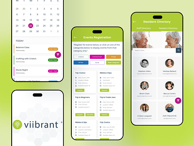 Viibrant XE - Mobile App UI Design clean community event events figma design green mobile ui old people residents senior living society uiux