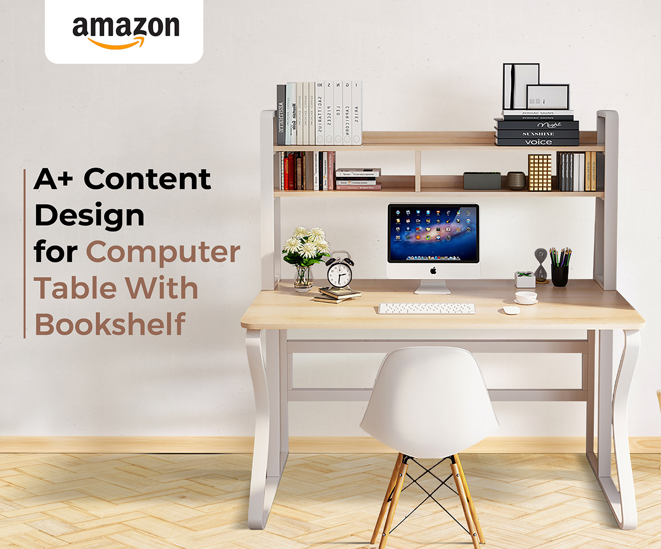A+ CONTENT DESIGN FOR COMPUTER TABLE WITH BOOKSHELF a a amazon a amazon design a content a design amazon amazon a amazon a content design amazon product brand branding content design graphic design illustration product listing