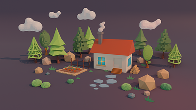 Low poly house in sunset 3d 3d illustration blender blender3d blenderrender cozy house lowpoly tree