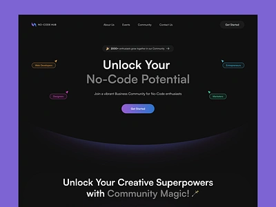 No-code Hub Landing Page about section collaborate community dark theme hero section landing landing page no code ui ux web web design