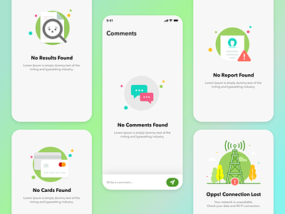 Empty State Illustration Design for App blanck screen icons branding comment empty state design empty empty state empty state icons graphic design green theme new colors new trends new ui inspiration no connection no data found no payment card found report card social media app ui uiux vector illustration