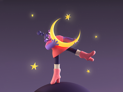 Cindy and the moon 3d 3dcharacter boots character cinema4d female illustration moon night pink purple shine star starsign yellow