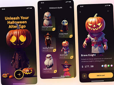 Halloween children's costume app 3d animation app branding cart dark design glassmorphism gradient graphic halloween illustration minimal neon scary search spooky ui web wishlist