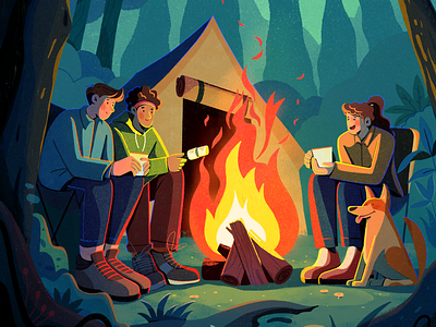 Campfire's Glow boy camp campfire camping character dog explorer fire forest friends girl illustration man nature outdoor party people tree uran