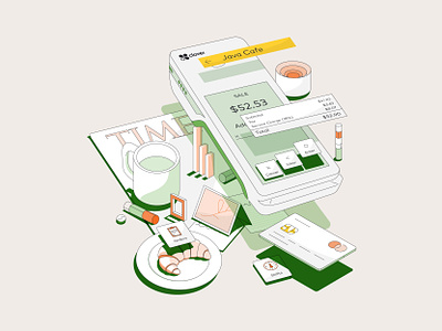 Fiserv - CloverConnect Coffee shop vertical banking cafe coffee credit card crypto finance financial fintech growth icon illustration isometric line minimalism payments pos screen ui illustration web3
