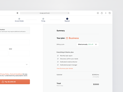 Carril: Payment summary - Business plan billing cycle onboarding payment details payment summary payments product design stepper ui ux