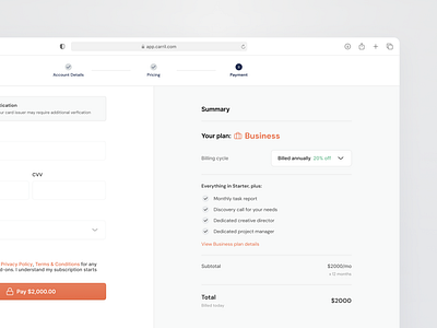 Carril: Payment summary - Business plan billing cycle onboarding payment details payment summary payments product design stepper ui ux