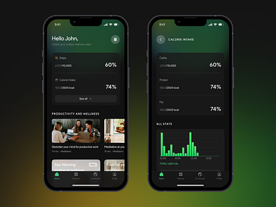 Wellness App for Employees calorie fitness green health ios app mobile app stats step tracker ui