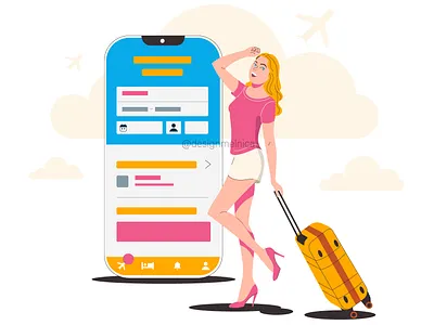 Online holiday booking Illustration adobe illustrator baggage booking character female flight girl character holiday illustration laggage mobile online shopping smartphone travel vector vector illustration vectorart