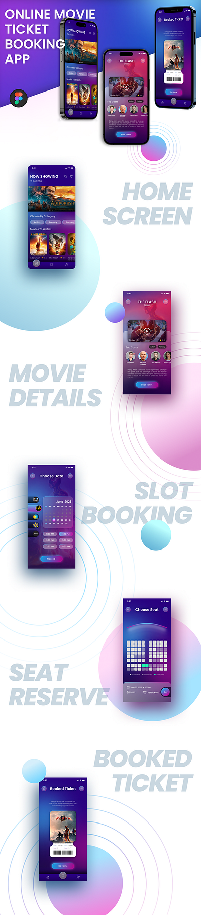 Online Movie Ticket Booking Application android app design design designer figma graphic design illustrations iphone app design movie ticket booking photoshop ui ui design uiux ux ux design